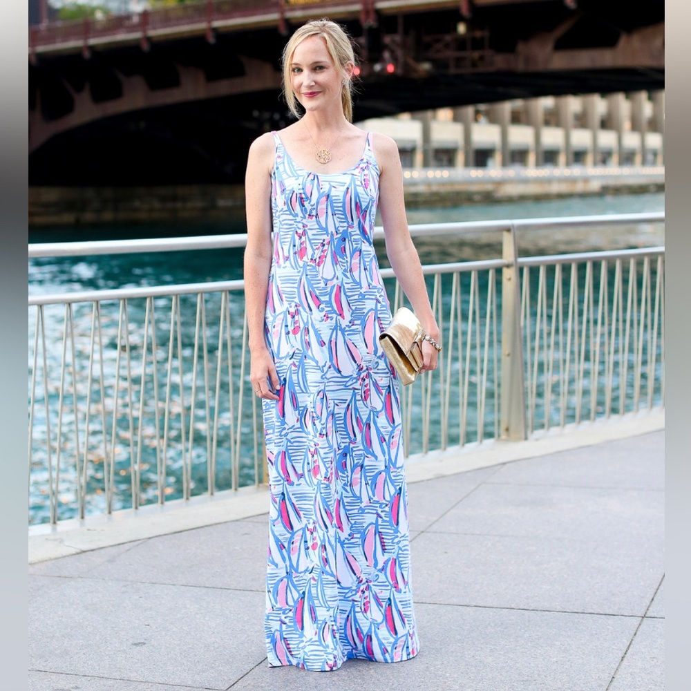Lilly Pulitzer Sailboat Maxi Pima Dress, Size Small, Red Right Return print